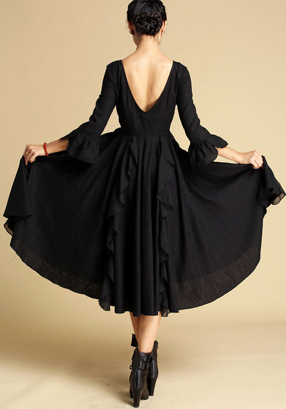 Black Linen Dress - Flowy Midi with Ruffle Details 353