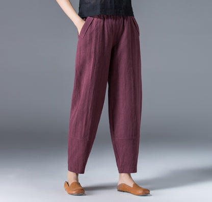 Navy Linen Cotton Ankle Pants - Elastic Waist Relaxed Fit 2504