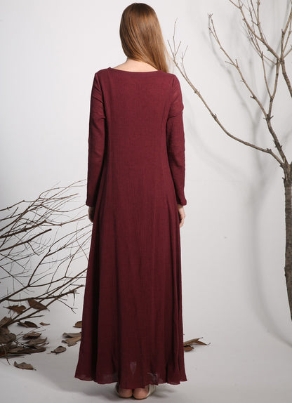 Red Linen Maxi Dress - V-Neck Long Sleeve Loose Fit 1138