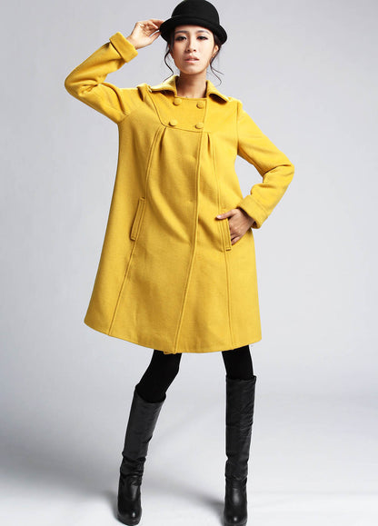Handmade Wool Winter Coat – Mustard Yellow A-Line Jacket with Buttons | Xiaolizi 399
