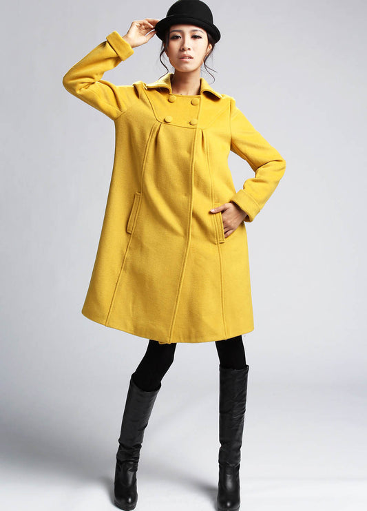 Handmade Wool Winter Coat – Mustard Yellow A-Line Jacket with Buttons | Xiaolizi 399