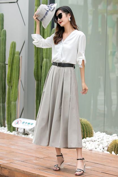 Khaki Polyester Midi Pleated A-Line Skirt - Belted High Waist 3538