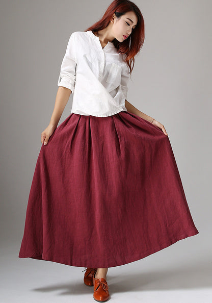 Burgundy Linen Cotton Maxi Skirt - Pleated A-Line with Pockets 1048