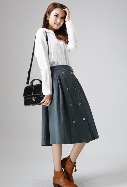 Army Green Linen Midi Skirt - Button Detail, Elastic Waist 823
