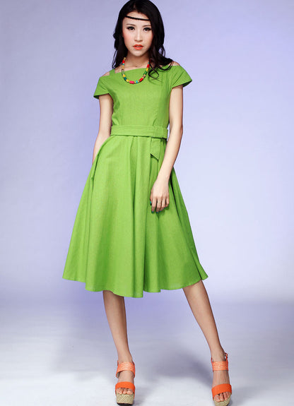Green Linen Dress - Cold Shoulder Cap Sleeve Flared Skirt 541
