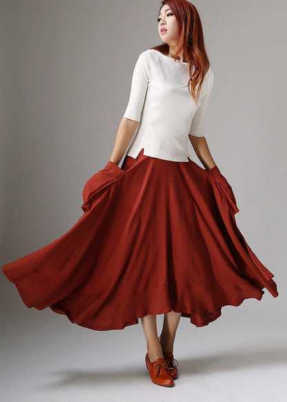Red Linen Maxi Skirt - Asymmetric Ruffle Hem Pockets | Xiaolizi 1044