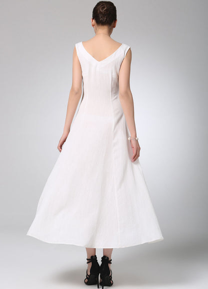 White Linen Maxi Dress - Flowy Sleeveless V-Neck 1232