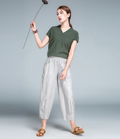 Gray Linen Cotton Casual Pants - Elastic Waist, Above Ankle Fit 2602