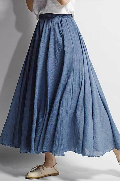 Blue Linen Cotton Maxi Skirt - Flowy Elastic Waist 2718