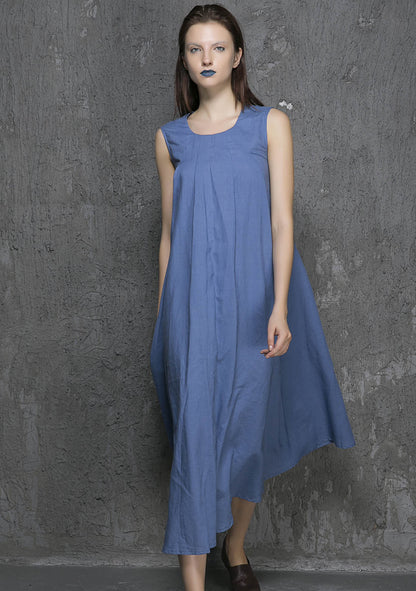 Blue Linen Maxi Dress - Sleeveless Flowing Summer Style 1329