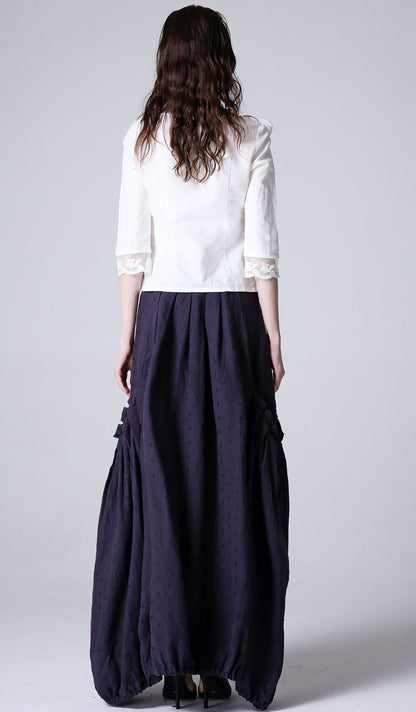 Navy Linen Maxi Skirt - Pleated with Pockets 1191