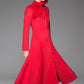 Red Women's Coat - Long Elegant Sleek Simple Fitted Smart Tailored Winter Designer Coat with Scarf Collar & Concealed Closure 1408