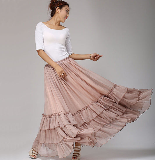 long chiffon tiered maxi skirt women skirts in blush pink 0663#