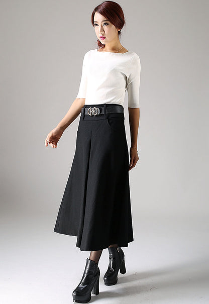Black Wool Midi Skirt - High-Waisted A-Line Culotte with Belt 1084