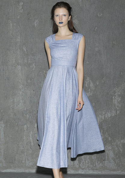 Blue Linen Sleeveless Midi Dress - Side Zipper with Pockets 1316