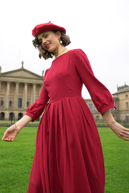 Women A Line Red Pleated Maxi Linen Dress 3576