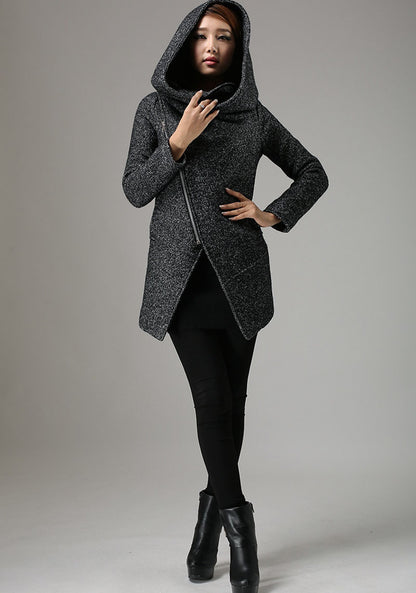 Charcoal Black Biker Wool Coat – Cowl Neck Hooded Winter Jacket | Xiaolizi 735