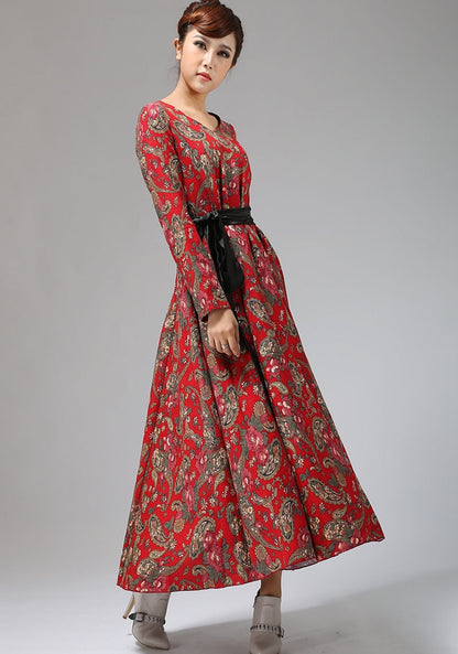 Red Linen Maxi Dress - A-Line Silhouette with Ethnic Print 693