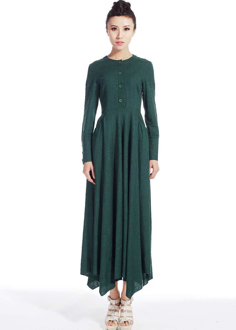 casual dress woman Maxi linen dress long sleeve dress in dark green (505)