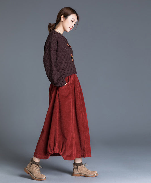 Wine Red Cotton Corduroy Midi Skirt - Vintage Bubble Silhouette 2021157