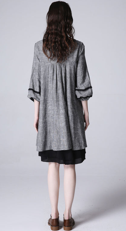 Grey Linen Blend Shirt Dress - Flowy Bishop Sleeves 1190