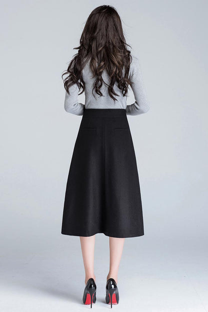 Black Wool Midi Skirt - A-Line High Waist Silhouette S012