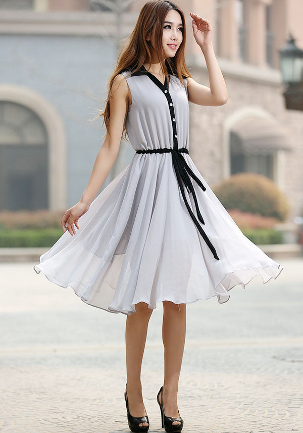 Gray dress woman chiffon dress custom made midi dress with black detail 0917#
