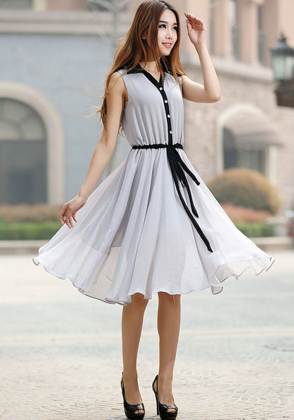 Gray Chiffon Midi Dress - Adjustable Waist and Button Front 917