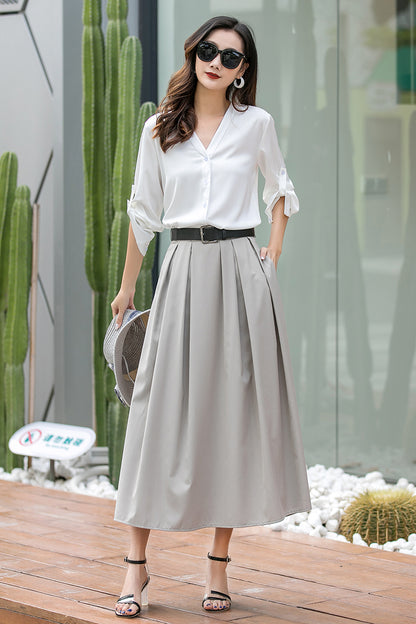 Khaki Polyester Midi Pleated A-Line Skirt - Belted High Waist 3538