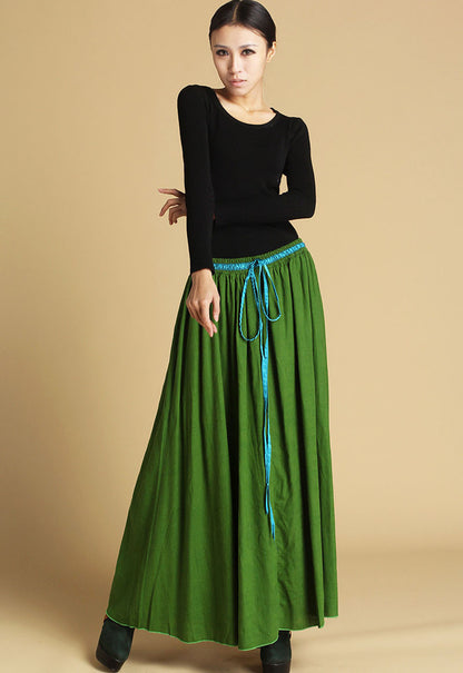 Green Linen Maxi Skirt - Elastic Waist, Flowy Silhouette 464