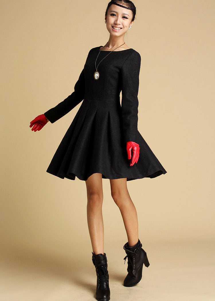 Black Wool Mini Dress with Flared Skirt and Long Sleeves – Xiaolizi Black Wool Mini Dress with Flared Skirt and Long Sleeves – Xiaolizi
