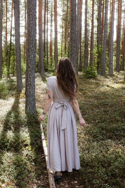 Beige Linen-Cotton Maxi Dress - Empire Waist, Petal Sleeve 3719