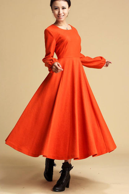 Wool Maxi Dress – Vintage Long Sleeve Dress for Women | Xiaolizi 323