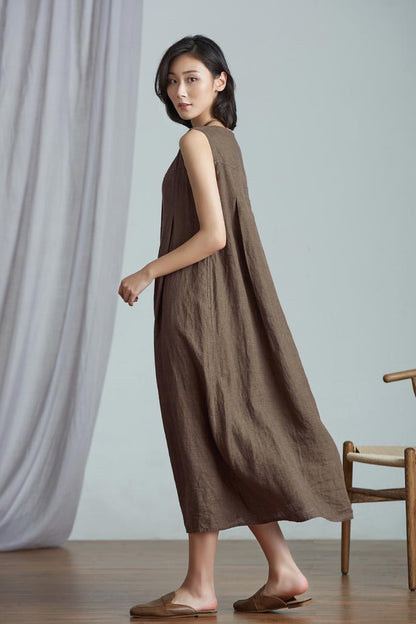 Brown Linen Mid Calf Dress - Loose Fit Sleeveless Commuter Waist CY06