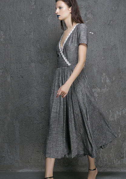 Grey Linen Midi Dress - Fit and Flare with White Lace Trim 1319