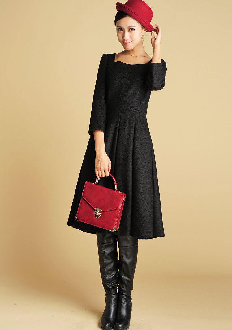 Wool Tailored Black Dress - Midi Length Structured Dress with Sweetheart Neckline (393)