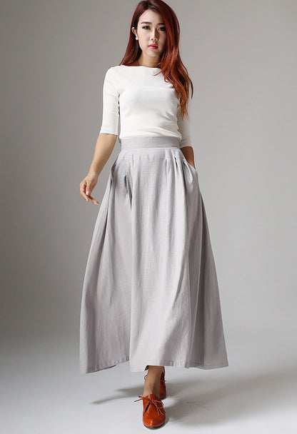 Gray Linen Cotton Maxi Skirt - A-Line Pleated Side Pockets | Xiaolizi 1041