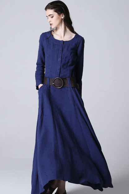 Blue dress maxi linen dress casual dress women dress 1183#