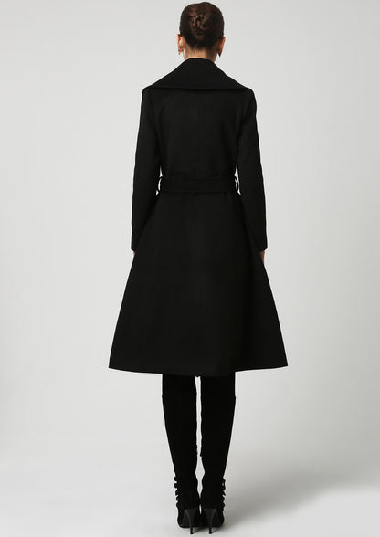 Vintage Wool Coat for Women – Handmade Black Belted Winter Coat with Double Folded Collar | Xiaolizi 1103