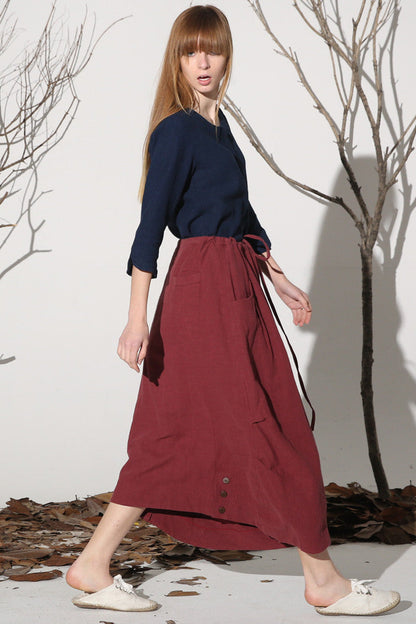 Burgundy Linen Maxi Skirt – Vintage High Waist Casual Long Skirt with Pockets 1162