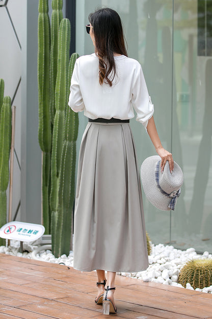 Khaki Polyester Midi Pleated A-Line Skirt - Belted High Waist 3538