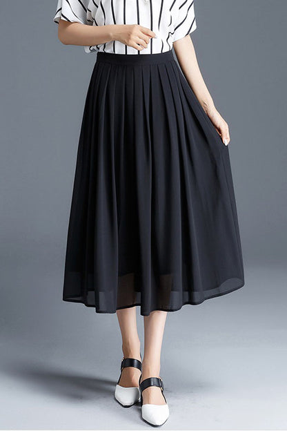 White Chiffon Midi Circle Skirt - Soft Pleated Swing 2901