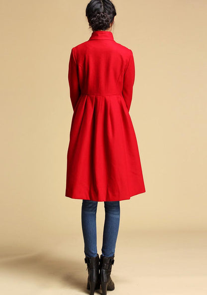 Red Wool Coat - Fit and Flare Winter Jacket with Button Front 328