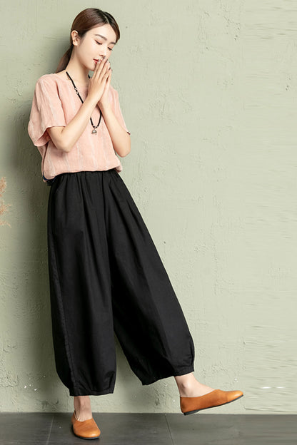Linen Wide Leg Pants Women - High Waist Elastic | Xiaolizi 3406