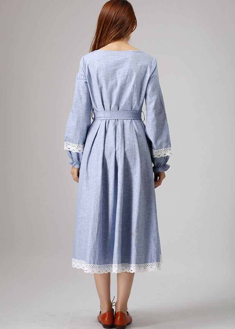 Maxi blue linen dress (882)