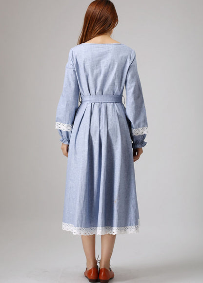 Blue Linen Maxi Dress - Lace-Trimmed, Long Sleeve 882