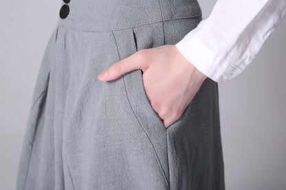 Light Grey Linen Bubble Skirt - Pleated Midi with Pockets 1192