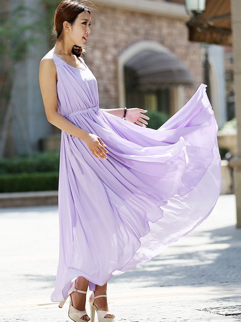 irregular hem chiffon dress Purple Chiffon Maxi Dress with Irregular Hem and Adjustable Waist Xiaolizi