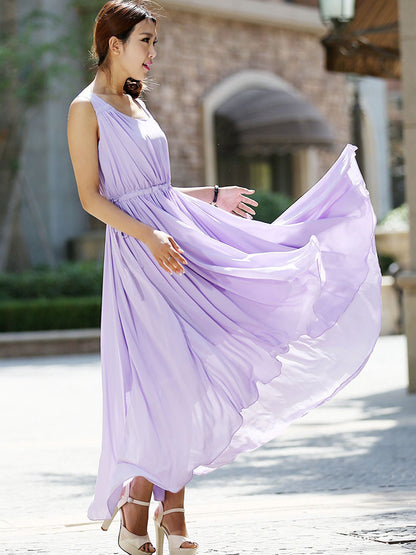 Purple Chiffon Maxi Dress - Irregular Hem, Adjustable Waist 992
