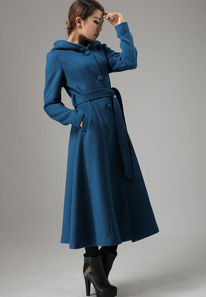 Vintage Teal Blue Wool Coat – Handmade Hooded Belted Winter Overcoat | Xiaolizi 739